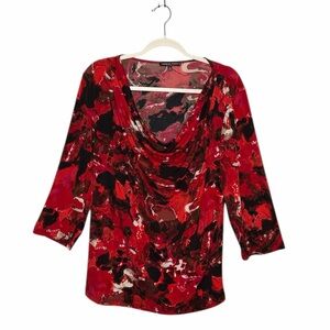 Adrienne Vittadini Red cowl neck blouse 3/4 sleeves abstract marble print 1X